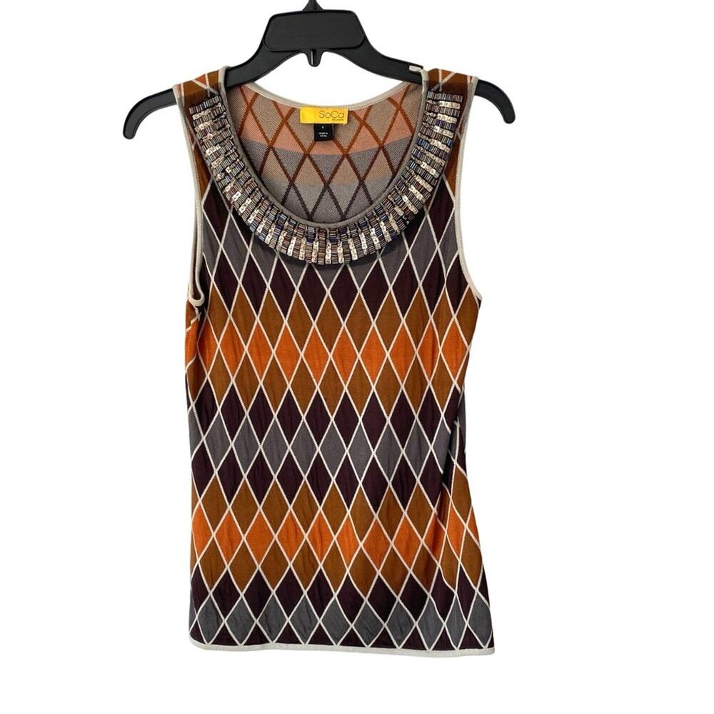 St. John SOCA Brown Knit Embellished Beaded Neck Tank Top Sweater Argyle Small
